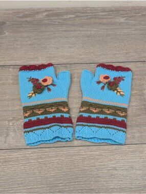 Knit Floral Embroidered Fingerless Gloves Aqua Blue Red Boho Mitten Lightweight